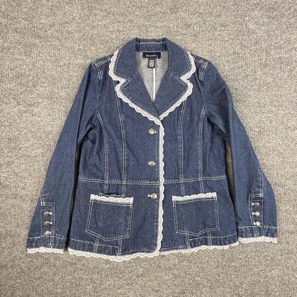 Denim & Co. Jackets & Blazers - Denim & Co. Blazer Jacket Womens Medium Blue Denim Lace Trim Button Front Boho